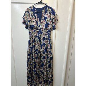 Julia Jordan Blue Multi Floral Dress Midi Sz 6 Tiered Navy Ruffle Flutter Sleeve